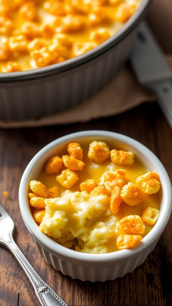 A small ramekin of cheesy hashbrown casserole with a crispy cornflake topping.